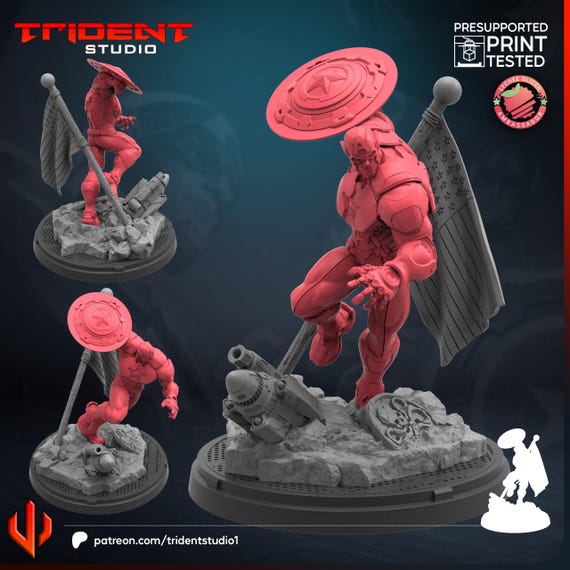 Captain America Rivals, Marvel RPG Resin Model Kit, 3D Printed, Highly detailed, By Trident Studios, Marvel Crisis Protocol, 40mm or 70mm