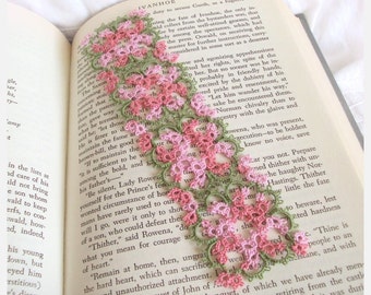 Tatted Lace Bookmark - Floral Tatting - Variegated Pink Flowers , Green - Medieval Art Nouveau - Janessa Version 3