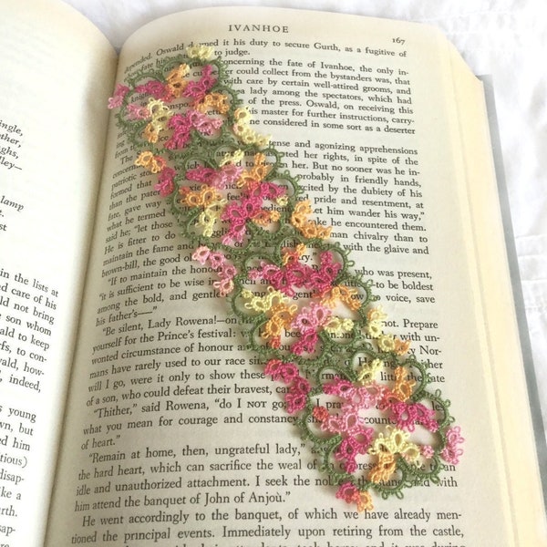 Floral Lace Bookmark in Tatting - Pink, Orange, Yellow, Leaf Green - Spring Flower Bookmark - Janessa Version 3 - Mothers Day Gift