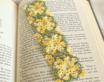 Yellow Tatted Lace Bookmark - Variegated Yellow and Leaf Green - Art Nouveau - Janessa Version 3 - Mothers Day Gift