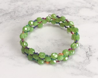 Green Memory Wire Bracelet - One of A Kind - Tatted Rainbow Lace Bracelet - Beaded Tatting - Multi Wrap - Adjustable - Maia