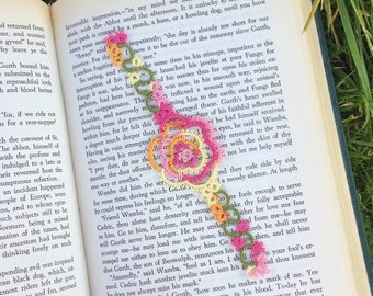 Rose Bookmark in Tatting Lace - Spring / Summer Wedding Favour - Variegated Pink, Orange , Yellow - Rosa Version 1