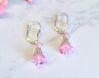 Pink Flower Earrings - Beaded Lace Dangle Earrings - Dainty - Art Nouveau - Blossom