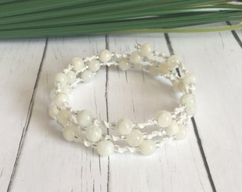 June Birthstone Bracelet - Moonstone Memory Wire Bracelet - Semi-Precious Beads - Beaded Lace - Off White Tatting - Adjustable - Maia