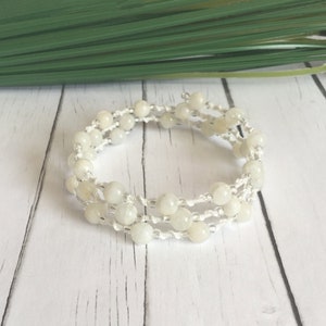 June Birthstone Bracelet - Moonstone Memory Wire Bracelet - Semi-Precious Beads - Beaded Lace - Off White Tatting - Adjustable - Maia