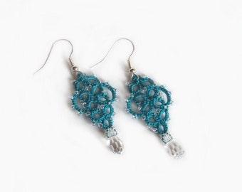 Teal Dangle Earrings - Beaded Tatted Lace - Mina