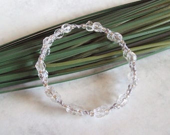 Silver Memory Wire Bracelet - Elegant Beaded Tatting Lace Bracelet - Multi Wrap - Silver Grey Thread  and Clear Beads - Maia