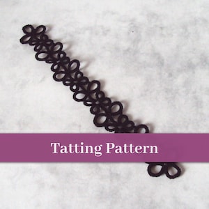 May include: A black tatting pattern with a delicate floral design. The pattern is made up of small, intricate loops and knots.