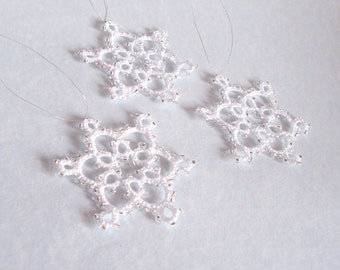 Set Of Three White Beaded Christmas / Winter Wedding Decorations in Tatting - Celyna - Small