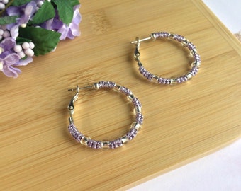 One Of A Kind Metallic Lilac Hoop Earrings in Beaded Tatted Lace and Silver Beads - Costume and Evening Wear Jewellery - Adriana