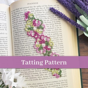 以下が含まれることがあります： 本のページに「Tatting Pattern」というテキストが書かれた、緑、ピンク、黄色のタティングのしおりをクローズアップした写真。しおりは繊細で複雑なレースで作られています。