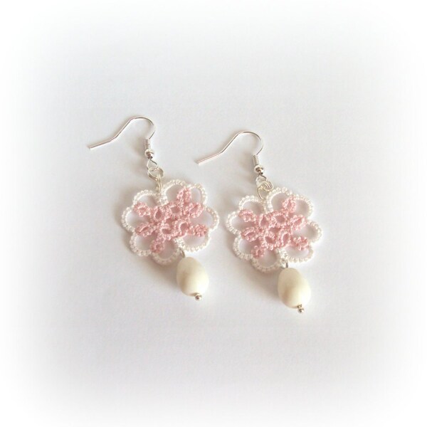 Blush Pink , Ivory Bridal Earrings in Tatted Lace , Rococo Inspired - Christina