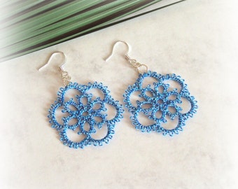 Blue Lace Flower Earrings in Tatting - Aster - Your Choice of Earring Components