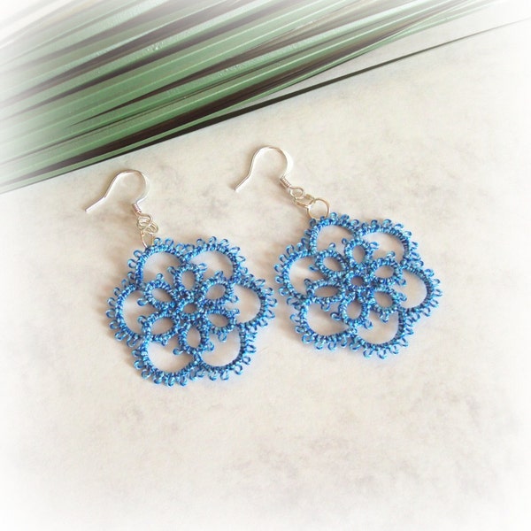 Blue Lace Flower Earrings in Tatting - Aster - Your Choice of Earring Components