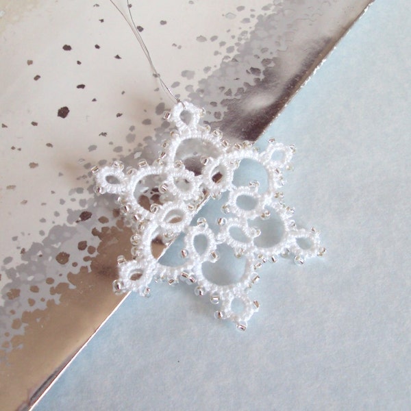 Beaded Lace Christmas Tree Decoration in White and Silver Shuttle Tatting - Celyna - Small - As Seen In GoodHomes Magazine