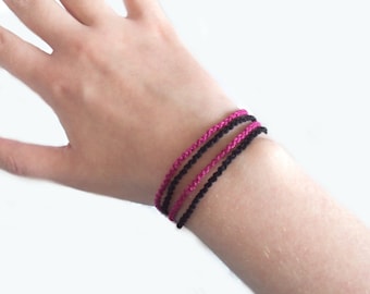 Goth Black, Fuchsia Wrap Bracelet In Tatting - Clara - Adjustable