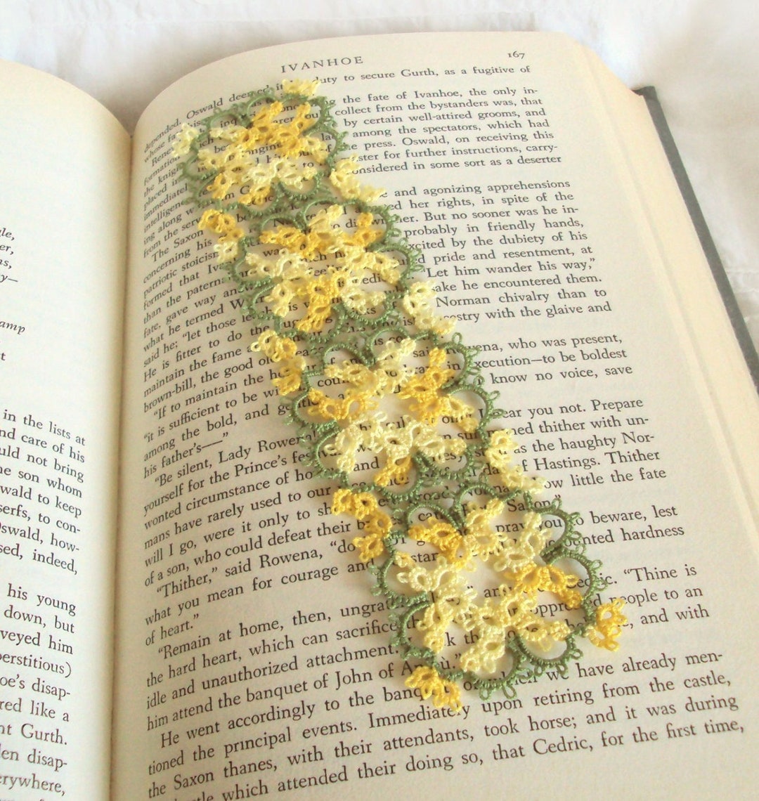 Yellow Tatted Lace Bookmark - Variegated Yellow and Leaf Green - Art ...