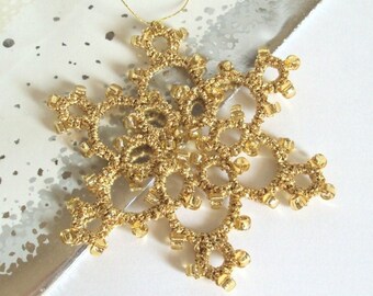Gold Beaded Christmas Tree Decoration in Tatting - Celyna - Large