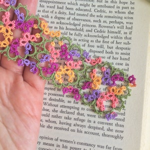 Floral Lace Bookmark Lilac, Purple, Peach and Yellow Tatted Lace Flower Bookmark Janessa Version 3 image 3