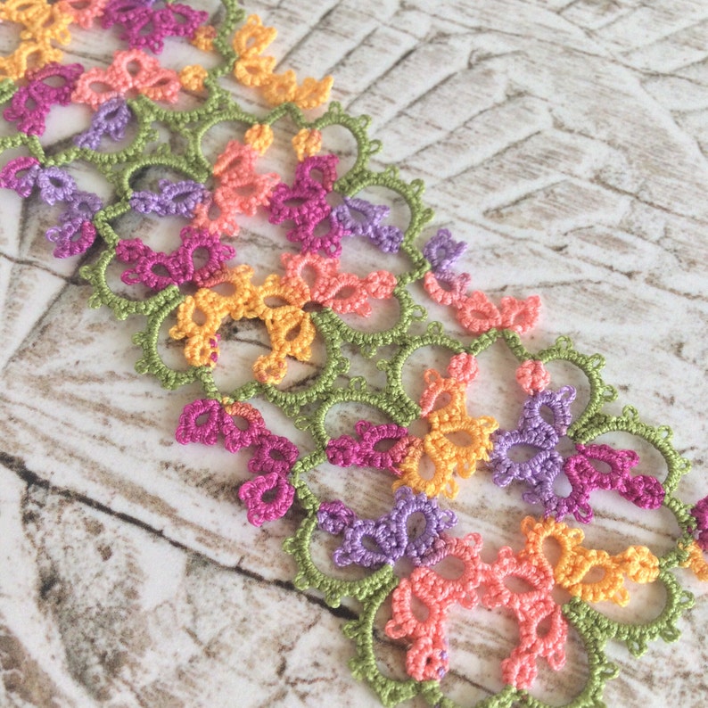 Floral Lace Bookmark Lilac, Purple, Peach and Yellow Tatted Lace Flower Bookmark Janessa Version 3 image 2