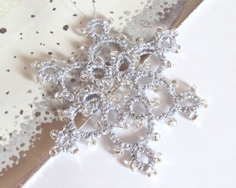 Tatting Silver Beaded Christmas Tree Decoration Holiday Ornament - Celyna - One Decoration - Large