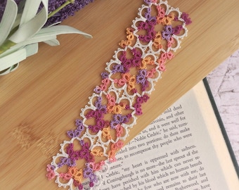 Hand Tatted Lace Flower Bookmark in Peach, Lilac, Purple, Yellow and Off White Cotton Thread - Janessa Version 3 - Summer Wedding Favour