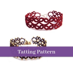 May include: Two handmade bracelets made with a tatting technique. The top bracelet is red and the bottom bracelet is brown with gold beads.