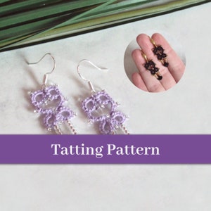 May include: A pair of lavender tatted earrings with silver ear wires. The earrings are made of delicate, intricate knots and feature a dangling design. The image also includes a close-up of a pair of black tatted earrings.