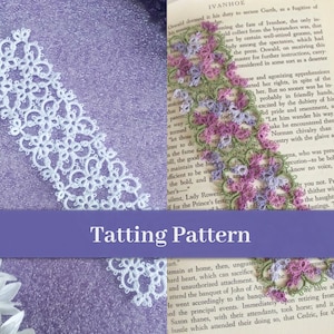 Two versions of my 'Janessa' Version 3 bookmark: a white version on the left and a lilacs and leaf green version on the right. The banner reads: 'Tatting Pattern'.