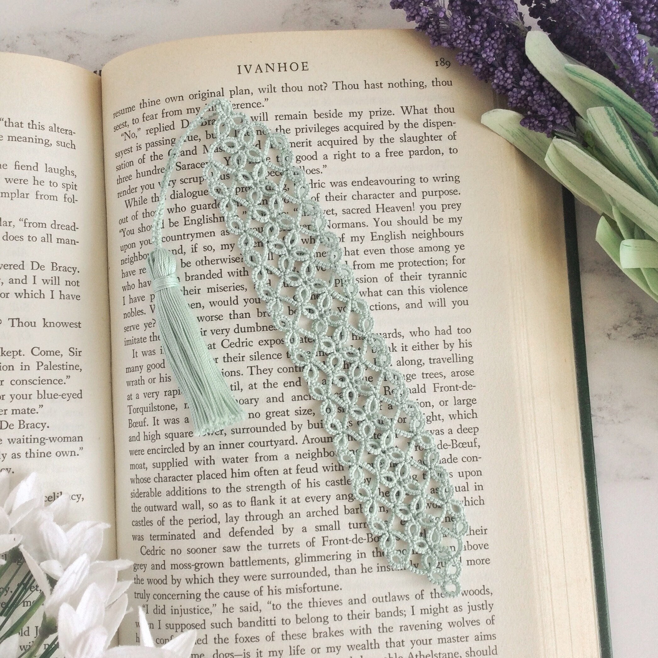 Blue Lace Bookmark in Shuttle Tatted Lace with Tassel - Light Seafoam - Filigree, Whimsical, Ethereal Design - Bea