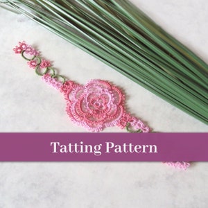 May include: A pink and green tatting pattern with a large flower in the center and smaller flowers on either side. "Tatting Pattern" is written in white text on a purple background.