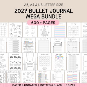 Puede incluir: Un paquete de 600+ páginas para diario 2027 en tamaños A5, A4 y carta de EE. UU. La colección incluye varias plantillas imprimibles como calendarios, rastreadores de hábitos, rastreadores de estado de ánimo, planificadores de presupuesto y listas de lectura con diseños en blanco y negro.