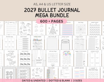 Op de afbeelding: Een 2027 bullet journal mega-bundel met meer dan 600 pagina's in A5, A4 en US letter-formaten. De collectie bevat diverse printbare sjablonen zoals kalenders, gewoonte-trackers, stemmings-trackers, budgetplanners en leeslijsten met zwart-wit lijntekeningen.