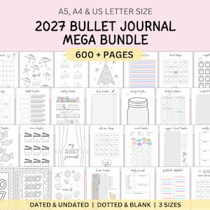 Pacchetto Bullet Journal 2027: oltre 600 pagine di agenda stampabili con tracker per abitudini, umore e lettura (formato A5, A4, US Letter)