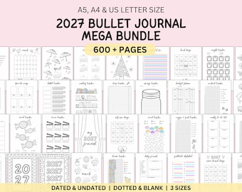 Bullet Journal Bundle 2027: Über 600 druckbare Planerseiten mit Gewohnheits-, Stimmungs- und Lesetracker (A5 A4 US Letter)