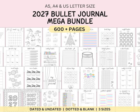 2027 Bullet Journal Bundle: 600+ Printable Planner Pages with Habit, Mood & Reading Tracker (A5 A4 US Letter)
