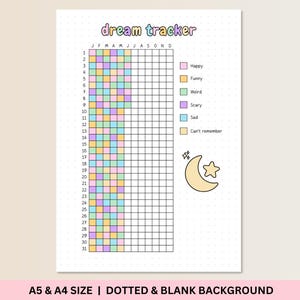 May include: A printable dream tracker with a grid for each month of the year. The grid is divided into sections for recording dream emotions: happy, funny, weird, scary, sad, and can't remember. The tracker also features a cute moon and star illustration.