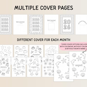 May include: A collection of journal cover designs, featuring the year 2026 and various seasonal and themed illustrations. Includes options with and without calendars, and without month names. Designs include hearts, stars, pumpkins, and marine life.
