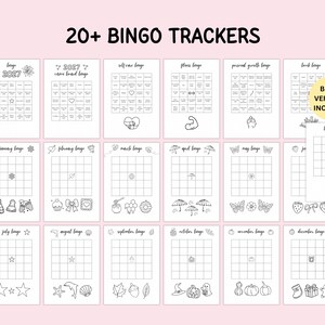 May include: A collection of 20+ printable bingo tracker sheets featuring black and white line art designs. The set includes monthly themed bingo cards, self-care, fitness, and personal growth trackers, with a yellow circle note stating BLANK VERSIONS INCLUDED.