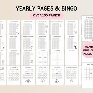 May include: A collection of printable planner pages with the text "YEARLY PAGES & BINGO" and "OVER 150 PAGES!". The pages include trackers for sleep, reading, and goals, with blank versions included. The pages are in black and white.