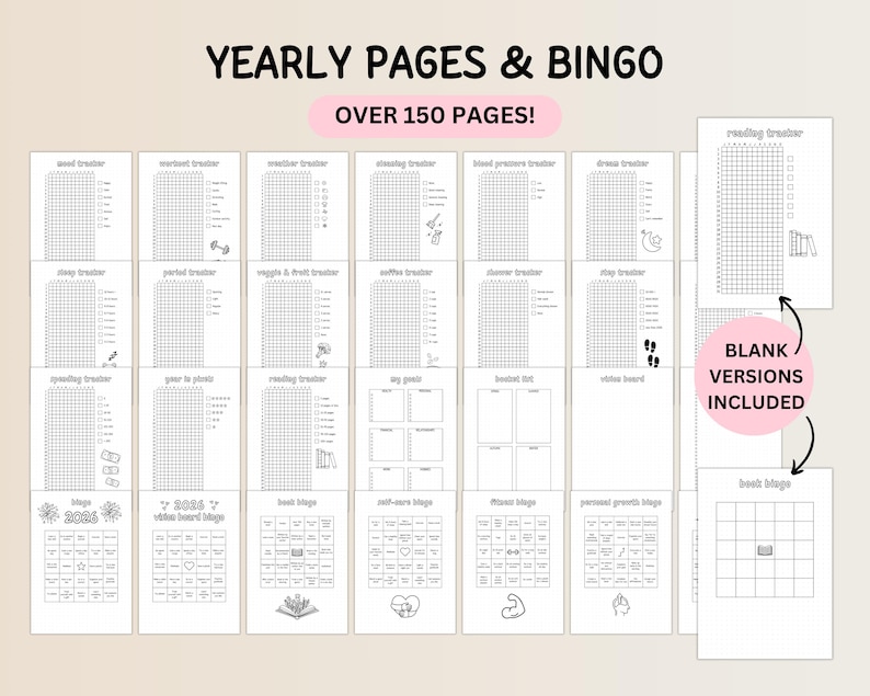 May include: A collection of printable planner pages with the text "YEARLY PAGES & BINGO" and "OVER 150 PAGES!". The pages include trackers for sleep, reading, and goals, with blank versions included. The pages are in black and white.