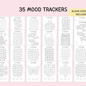 May include: A collection of 35 printable mood tracker sheets featuring black and white line art designs including a ladybug, candy, a Christmas tree, a jar of hearts, balloons, and a butterfly. The text 35 MOOD TRACKERS and BLANK VERSIONS INCLUDED appears.