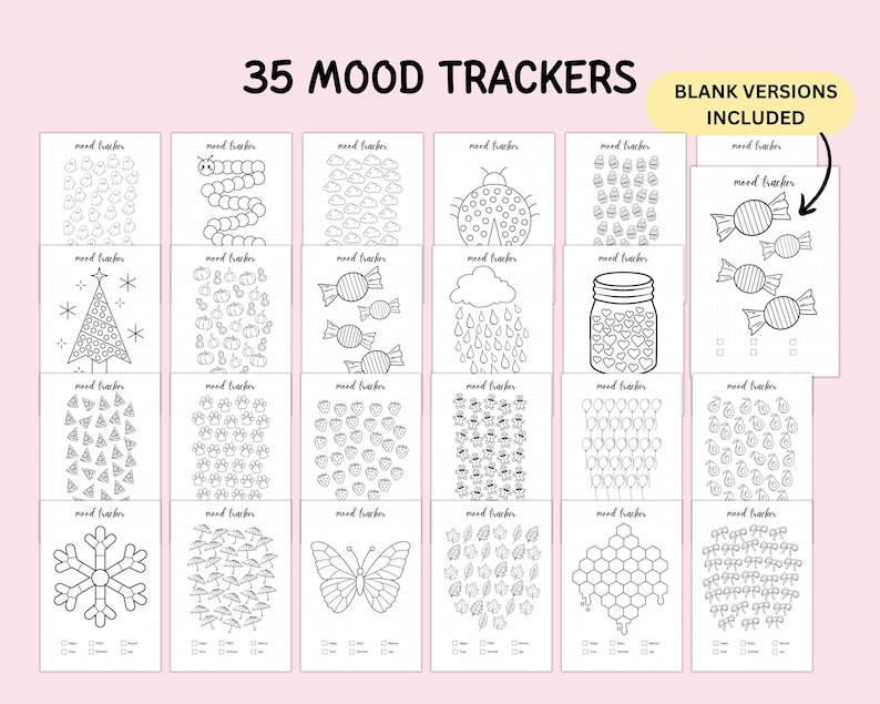 May include: A collection of 35 printable mood tracker sheets featuring black and white line art designs including a ladybug, candy, a Christmas tree, a jar of hearts, balloons, and a butterfly. The text 35 MOOD TRACKERS and BLANK VERSIONS INCLUDED appears.