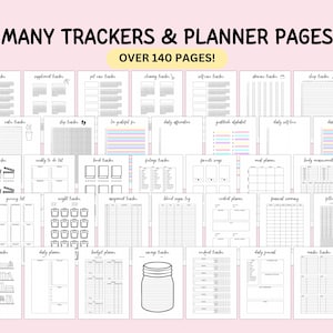 May include: A collection of over 140 printable planner and tracker pages featuring black and white layouts. The sheets include various organizational templates such as habit, supplement, pet care, cleaning, self-care, water, step, and sleep trackers.