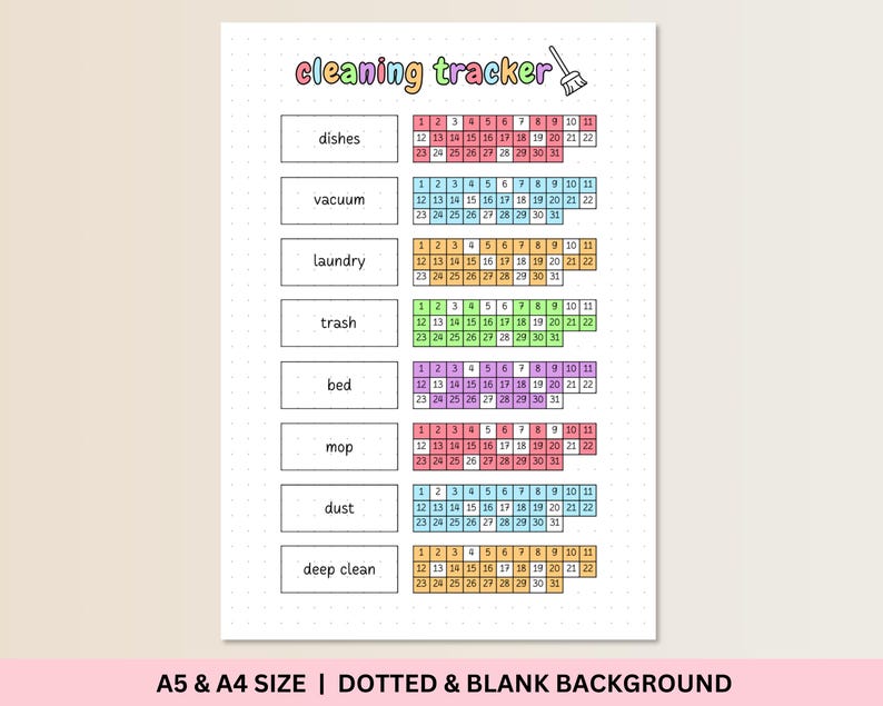 Cleaning Tracker Printable, Monthly Cleaning Tracker, Cleaning List ...