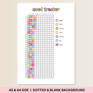 Könnte beinhalten: Ein druckbarer Stimmungs-Tracker mit einem Raster von 31 Tagen und farbcodierten Kästchen zur Verfolgung der Stimmung. Die Farben sind rosa für glücklich, grün für ruhig, orange für aufgeregt, gelb für müde, lila für ängstlich, blau für traurig und rot für wütend. Der Text "mood tracker" befindet sich oben auf der Seite.