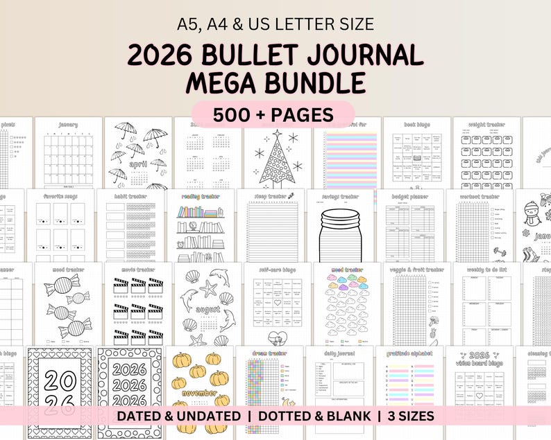 2026 Bullet Journal Bundle - 500+ Printable Planner Pages with Habit, Mood & Reading Tracker (A5 A4 US Letter) image 1