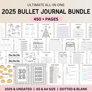 2025 Bullet Journal Bundle, Printable Journal Pages, Habit Tracker, Mood Tracker, Reading Tracker, A5, A4, Digital & Printable Planner Pages