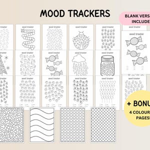 May include: A collection of black and white mood tracker pages with various designs, including a ladybug, candies, and a Christmas tree. The text "MOOD TRACKERS" and "BLANK VERSIONS INCLUDED" are visible.