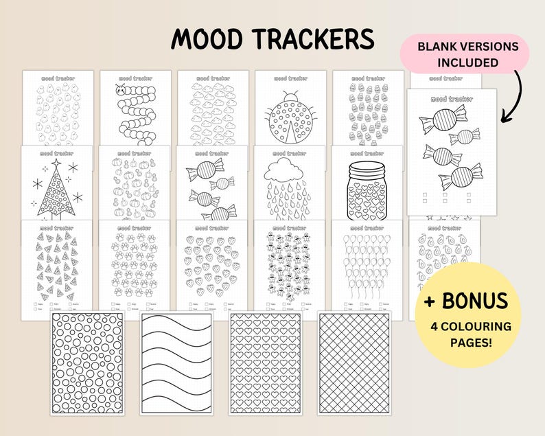 May include: A collection of black and white mood tracker pages with various designs, including a ladybug, candies, and a Christmas tree. The text "MOOD TRACKERS" and "BLANK VERSIONS INCLUDED" are visible.
